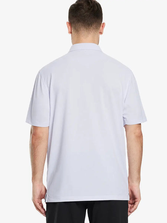 Back view half-body of model in WHITE Ventilated Pique Performance Polo