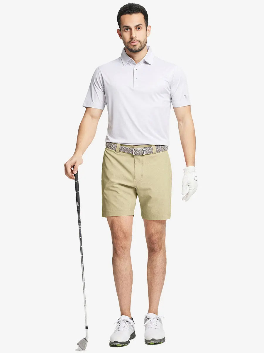 Full body front view of model wearing KHAKI 7 Inch Heather Performance Golf Shorts, holding a golf club