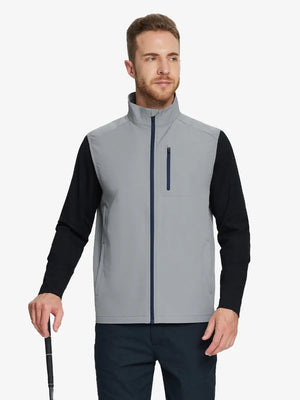 showcasing the light grey windproof golf vest, holding a golf club, highlighting its sleek and functional design.