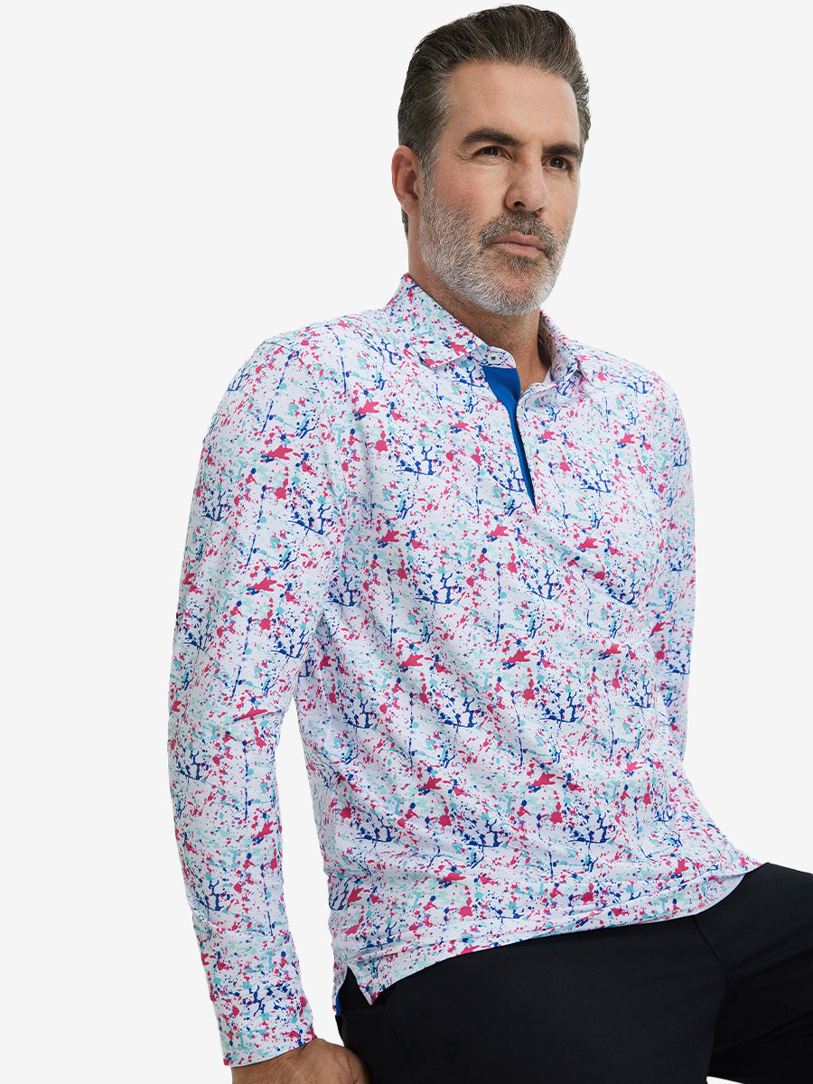 Model sitting in relaxed pose, wearing lightweight print long sleeve polo in white painting, casual and neat.