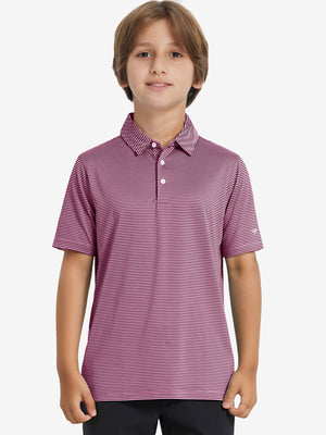 Front half-body shot of youth in pink blue stripe performance cooling polo, highlighting design and fit