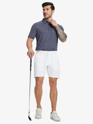 Full-body front view of model holding golf club wearing WHITE Water Resistant Versatile 8 Pockets Shorts.
