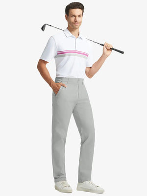 Full front view of model in Water Repellent 8 Pockets Pants LIGHT GREY，ready for golf with club in hand.