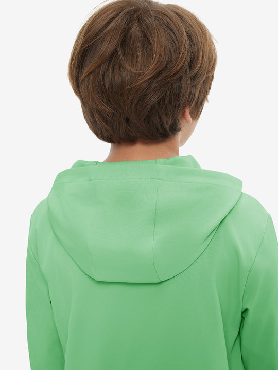 Back upper view of youth long sleeve hoodied with kangaroo pocket in light green, showing fit and shoulders.