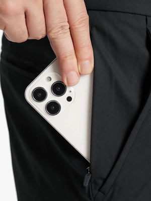 Close-up of pocket detail with iPhone – MAELREG Black 7 Inch shorts