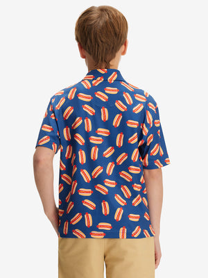 Back half-body of boy in hot dog performance print boys golf polo