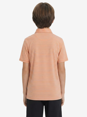 Back upper body view of youth performance golf polos, showing shape and smooth orange/sky blue stripe finish