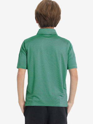 Back half-body view of youth wearing green stripe performance cooling polo, showing rear design
