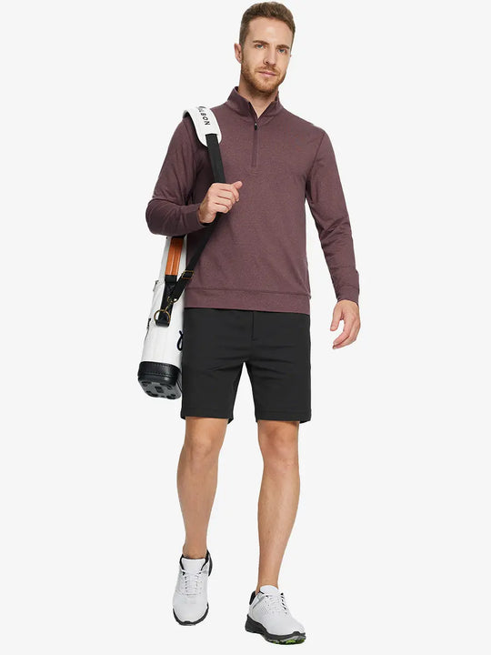 Full-body front view of model wearing BRICK HEATHER Quarter Zip Melange Pullover with backpack, sporty casual look.