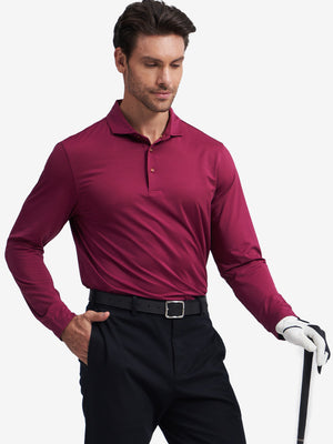 Model front upper body wearing Long sleeve pinstripe jersey polo in sleek maroon stripe