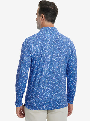 Back upper body view of the lightweight print polo in line animal, model turns slightly with relaxed pose.