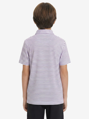 Back upper body view of youth performance golf polos, showing shape and smooth white/navy stripe finish