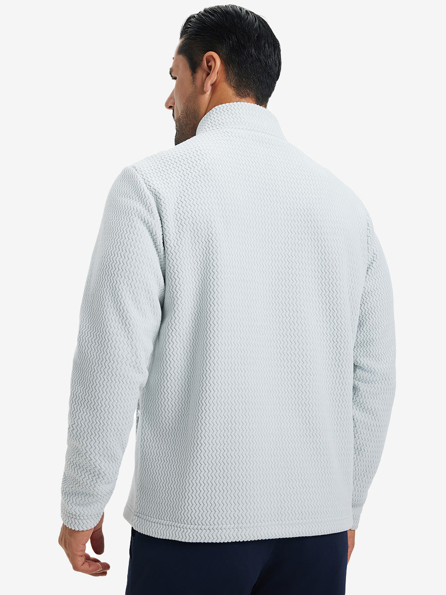 Back upper view of model in soft winter fleece jackets, showing shoulder fit and fleece texture in light grey.