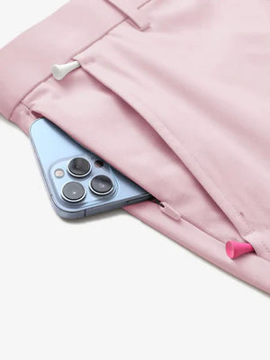 Close-up pocket detail with iPhone – Pink 9 Inch shorts by MAELREG