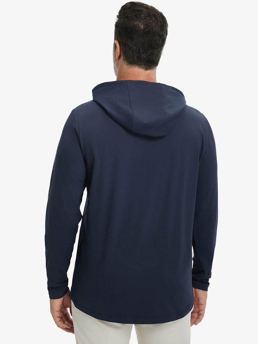 Back upper body view of the dry fit stretchy hoodie in navy, simple cut and relaxed posture.
