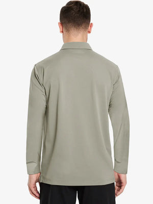 Back view of the dark khaki long sleeve pique polo, emphasizing its stylish and practical features.