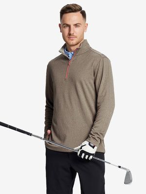 Half-body front shot, model holding golf club in BROWN MELANGE Moisture Wicking Quarter Zip Pullover.
