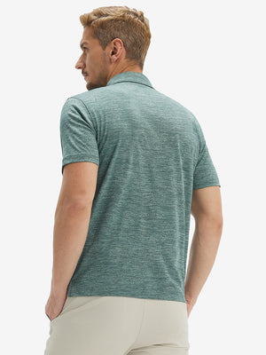 Back waist-up shot of model wearing green leaf breathable jacquard pattern 3-button golf polo