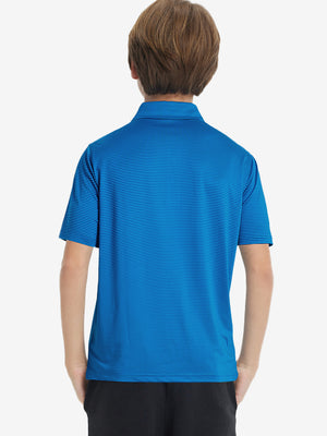 Back upper body of Kids stripe golf polos with clean lines and cobalt stripe tone