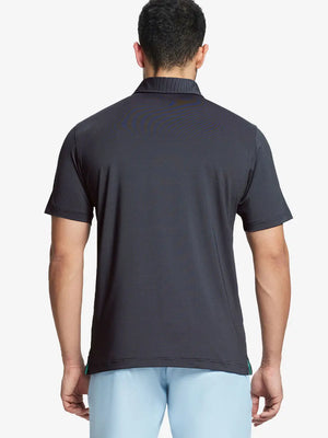 Back half-body view of Black Stripe Pinstripe Jersey Performance Polo worn by model								
