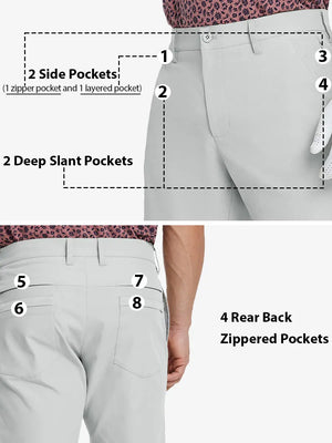 Detail view highlighting all 8 pockets front and back on GLACIER GREY Water Resistant Versatile 8 Pockets Shorts.