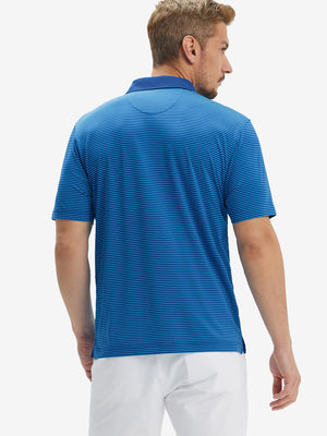 Back half-body of model in cobalt stripe upgraded two-tone striped quick dry polo shirt