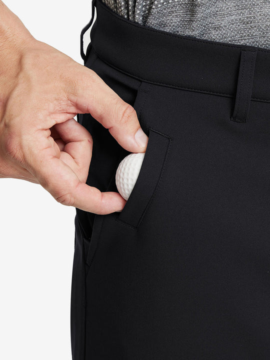 BLACK Water-Resistant Fleece Lined Pants, front side pocket detail showing space for golf ball
