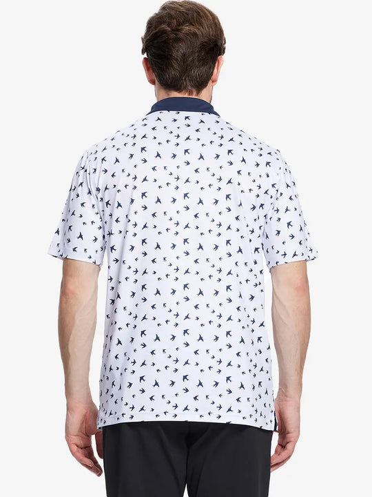 From the back, the model shows the back design of the WHITE NAVY SEAGULL Polo shirt, clearly showing the shape and cut of the garment