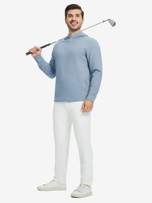 Full body view of model holding golf club in texture solid hoodies pullover, sporty look, blue heather.