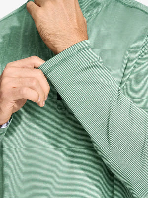 Close-up of cuff on Pinstripe Quarter Zip Pullover, showing stretch and construction – BERYL GREEN MELANGE
