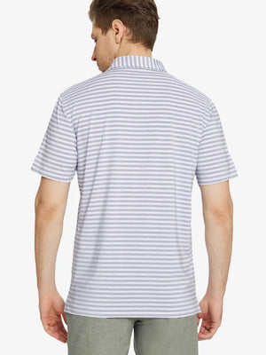 Back half-body view showing the relaxed fit of the Lavender White Yarn Dyed Stripe Polo