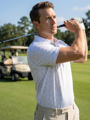 Model in white grey sea wave performance jersey print polo holding a golf club outdoors, half-body shot