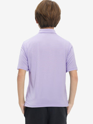 Back half-body view of youth wearing lavender white stripe performance cooling polo, showing rear design