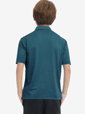 Back upper body of Kids stripe golf polos with clean lines and turquoise stripe tone