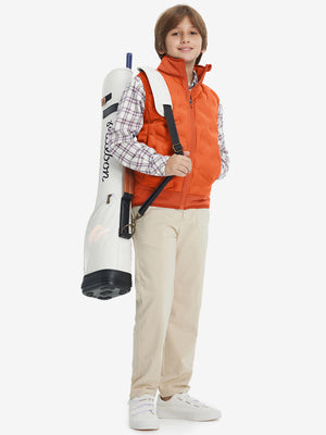 Lifestyle shots of boys full-zip fleece-lined puffer vest in orange