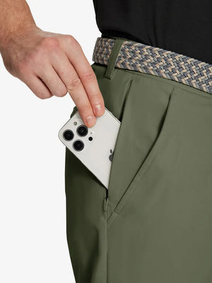 OLIVE GREEN Water Resistant Everyday Pants detail shot of iPhone in side pocket