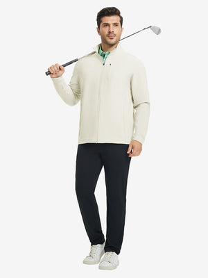Lightweight casual fleece jacket with 5 pockets, cream, full body golf scenes with clubs
