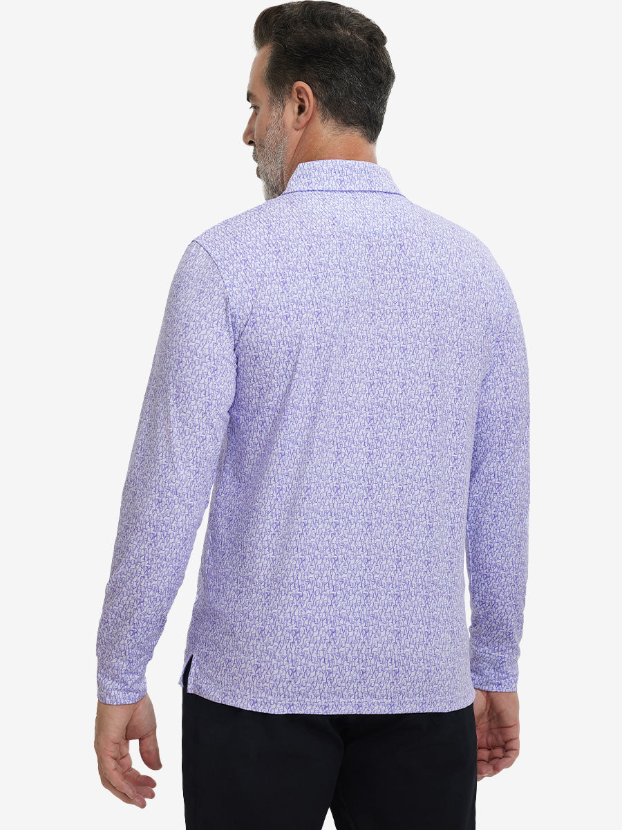 Back upper body view of the lightweight print polo in purple wine glass, model turns slightly with relaxed pose.