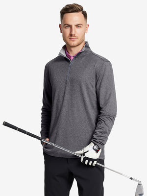 Back half-body view, model showcasing fit of BLACK MELANGE Moisture Wicking Quarter Zip Pullover.