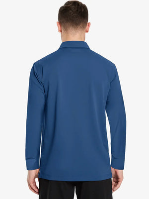Back view of the blue long sleeve pique polo, emphasizing its vibrant color and sleek design.
