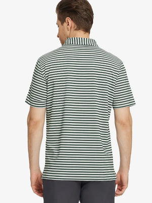 Back half-body view of the Olive Green White Yarn Dyed Stripe Polo – relaxed, athletic fit
