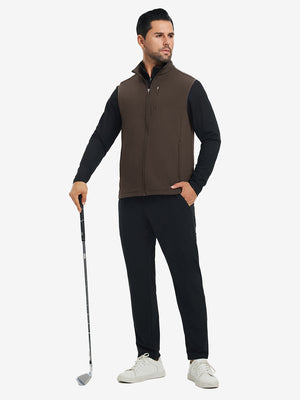 Lifestyle shots of water-resistant fleece golf vests in coffee brown, worn while holding golf clubs