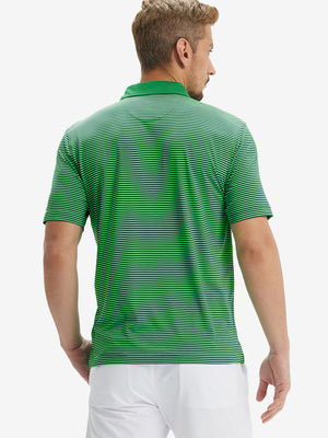 Back half-body of model in green stripe  upgraded two-tone striped quick dry polo shirt