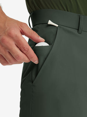 Detail shot of the side pocket on the grey green stretch soft flat front dress golf shorts, showing functionality