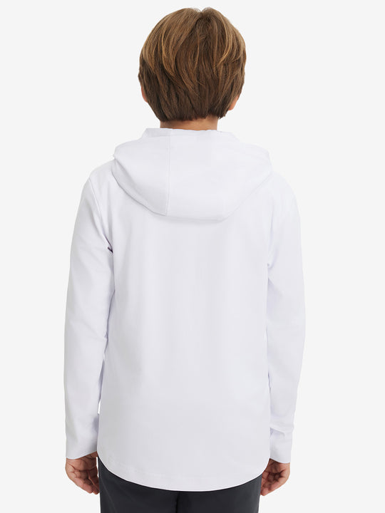 Back upper view of youth long sleeve hoodied with kangaroo pocket in white, showing fit and shoulders.