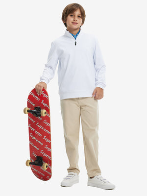 Full body model on skateboard, wearing youth winter micro-fleece quarter zip pullover with white