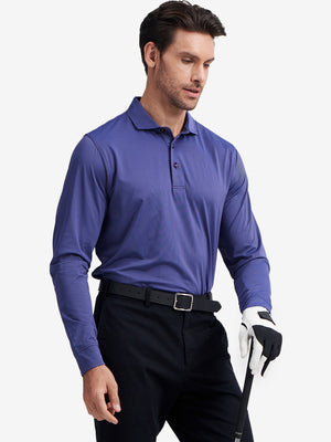 Model front upper body wearing Long sleeve pinstripe jersey polo in sleek plum blue stripe