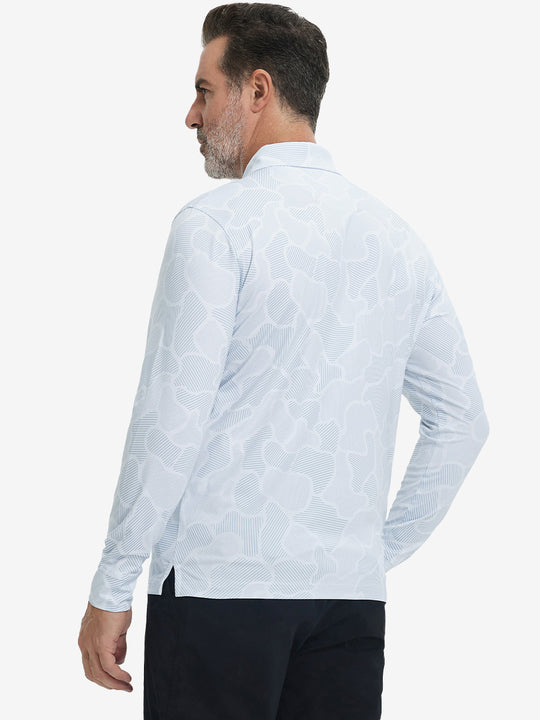 Back upper body view of the lightweight print polo in light gray irregular pattern, model turns slightly with relaxed pose.