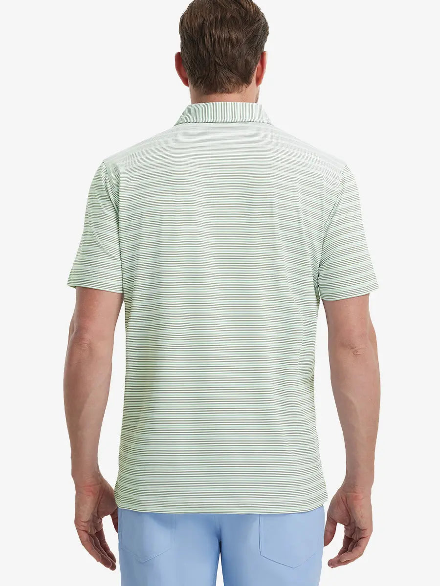Back view of model in Olive Green Beryl Green Performance Stripe Golf Shirt