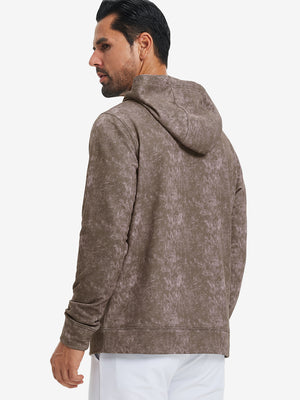 Back upper look of the exclusive print kangaroo hoodies in grey brown, showing fit and shoulder line.